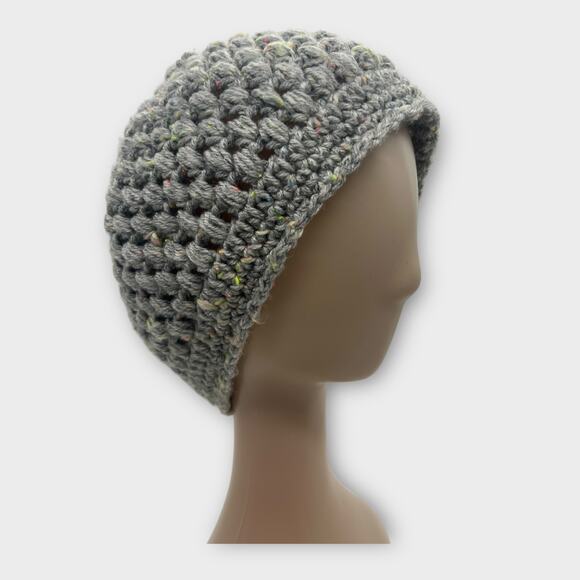 Soft Chunky Knit Gray Confetti Beanie Pom Pom Winter Hat Bohemian Hippie XXL - Picture 1 of 7